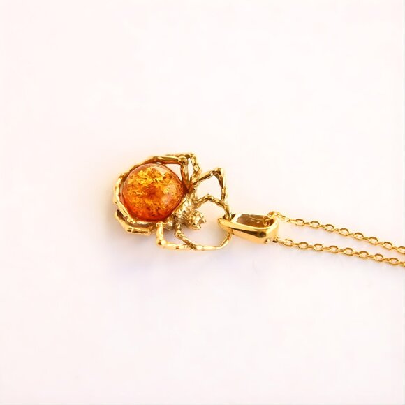 Gold Spider Amber Necklace -14k Gold Plated Sterling Silver - Picture 3 of 4